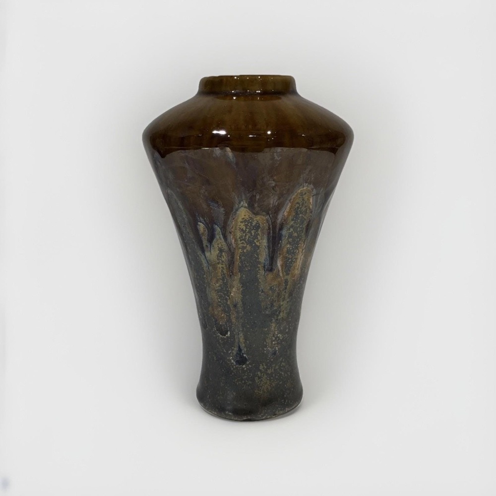 Vintage MCM Drip Glaze Iridescent Brown Vase Small Unmarked Pottery Hand-crafted
